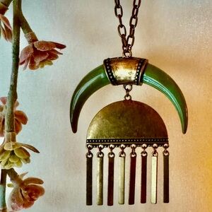 Long Statement Boho Double Crescent Horn Pendant Necklace with Brass Fringe